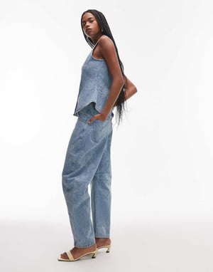 ASOS DESIGN barrel leg jean in floral mid wash blue