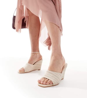 Glamorous Wide Fit wedge heeled sandals in cream crochet