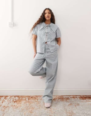 Reclaimed Vintage baggy wide leg jean co-ord in light blue pinstripe