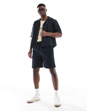 ONLY & SONS loose fit linen short co-ord in black pinstripe