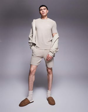 BOSS Bodywear Rib logo shorts in light beige co-ord