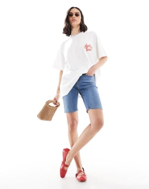 Levi's high waisted bermuda denim shorts in mid blue