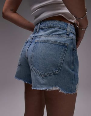 Topshop denim A-line mom shorts with rip in bleach