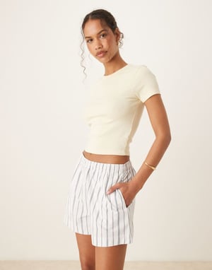 Abercrombie & Fitch tie waist poplin shorts in blue stripe