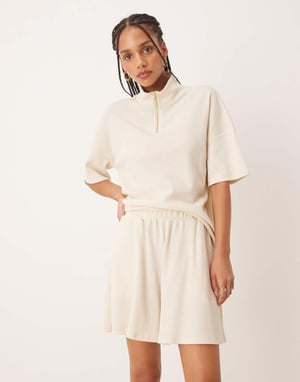 Vila high waist waffle short co-ord in birch cream