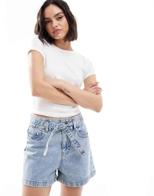 JJXX denim shorts with tie waist in light blue
