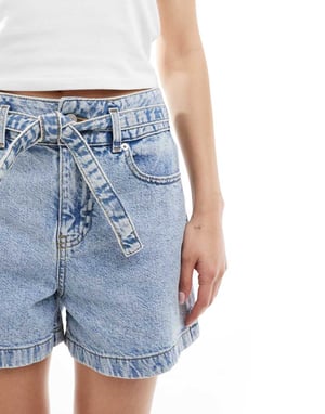 JJXX denim shorts with tie waist in light blue