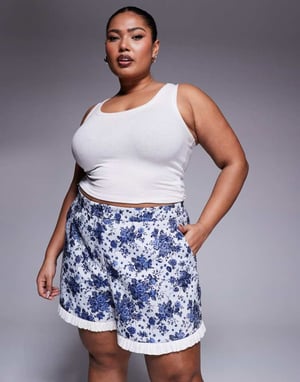 ASOS LUXE CURVE co-ord jacquard short with poplin contrast in blue floral