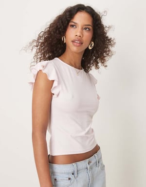 ASOS DESIGN boat neck top with ruffle sleeve in baby pink