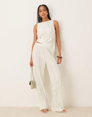 Vila high waist plisse wide leg trouser co-ord in pale silt green tie dye
