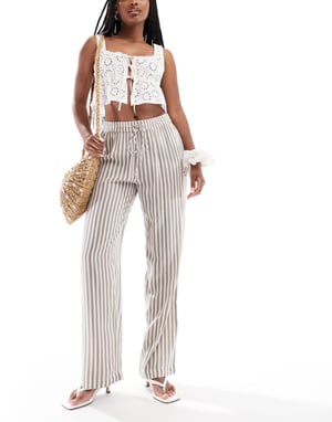 Pieces high waist wide leg trouser in moonrock and white stripe