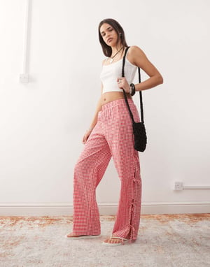Noisy May wide leg side tie detail trousers in red gingham