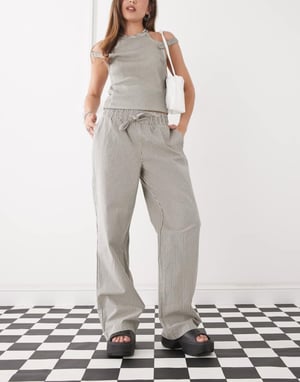 Noisy May tie front wide leg trousers in grey stripe