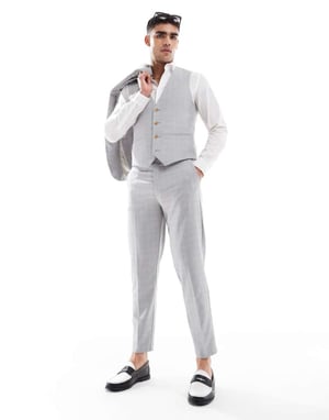 ASOS DESIGN linen blend tapered suit trousers in grey tonal check