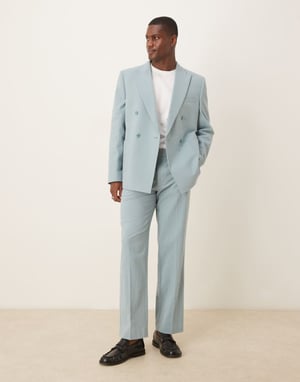ASOS DESIGN straight suit trousers in light blue crinkle texture