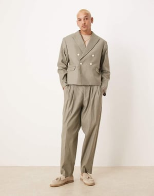 ASOS DESIGN linen mix oversized tapered suit trousers in khaki