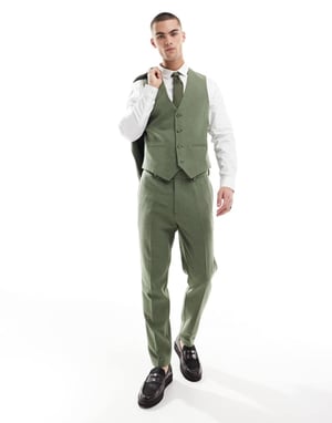 ASOS DESIGN tapered suit trousers with wool in green herringbone