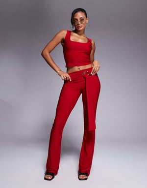 Kaiia exclusive double layered slinky gold hardware belt detail trouser co-ord in red