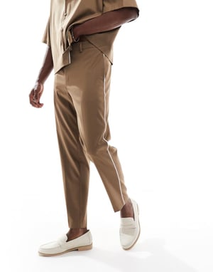 ASOS DESIGN smart tapered trousers with side piping in camel