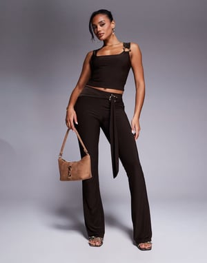 Kaiia exclusive double layered slinky gold hardware belt detail trouser co-ord in chocolate