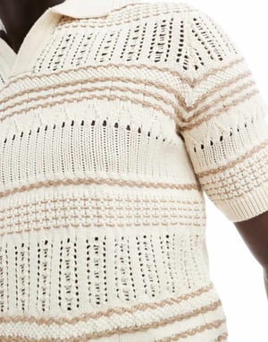 ONLY & SONS relaxed fit open knit polo in beige stripe