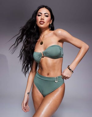ASOS DESIGN Ella high waist bikini bottom with gold trim in khaki