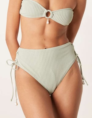 ASOS DESIGN Kai textured tie up high leg high waist bikini bottom with pearl trim in sage