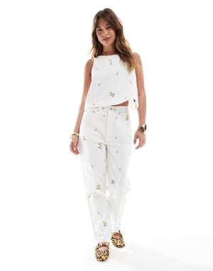 ASOS DESIGN high rise relaxed mom jeans with floral embroidery in white co-ord