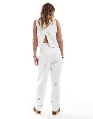 ASOS DESIGN high rise relaxed mom jeans with floral embroidery in white co-ord