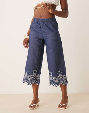 JDY embroidery detail cropped trousers in mid blue wash