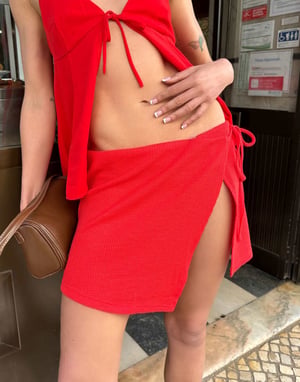 Labelrail x Barbara Ines waffle wrap mini skirt in bright red