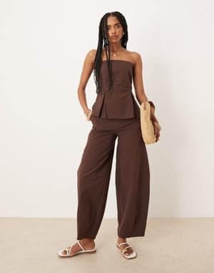 ASOS DESIGN linen blend barrel leg trouser in chocolate