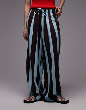 Topshop linen balloon trouser in turquoise bold stripe