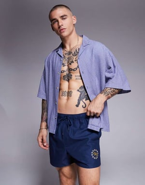 ASOS DESIGN swim shorts in short length with placement print in navy