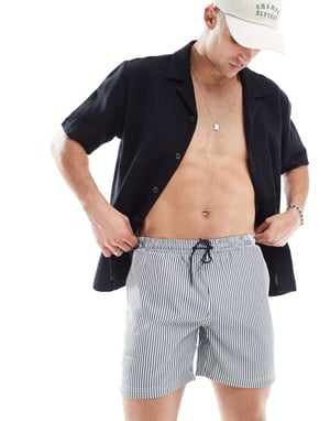 Farah Colbert seersucker stripe swim shorts in navy and white