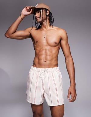 ASOS DESIGN swim shorts in short length in pink textured stripe
