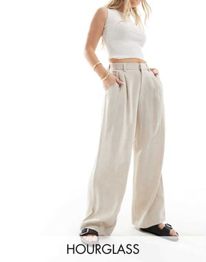 ASOS DESIGN Hourglass relaxed straight leg trousers with linen in natural
