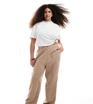 ASOS DESIGN Curve relaxed straight leg trousers with linen in mocha