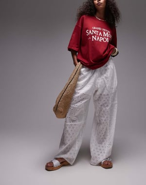 Topshop broderie straight leg trouser in white