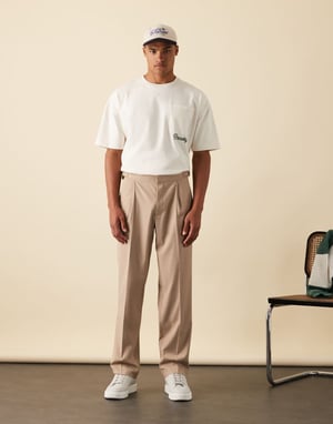 ASOS DESIGN smart straight leg trousers with side adjusters in stone linen look with front pleat