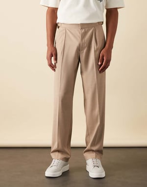 ASOS DESIGN smart straight leg trousers with side adjusters in stone linen look with front pleat