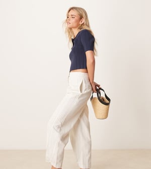 ASOS DESIGN Petite tailored linen trousers with multi way tab hem in ecru stripe