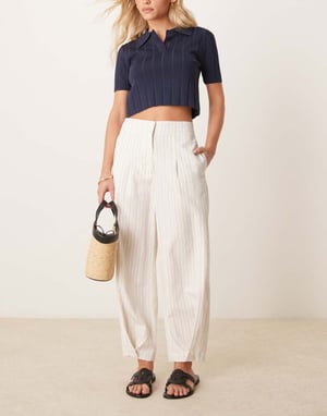 ASOS DESIGN Petite tailored linen trousers with multi way tab hem in ecru stripe