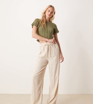 ASOS DESIGN Tall linen look pull on trousers in stone