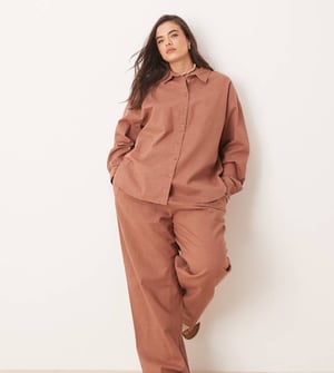 ASOS DESIGN Curve linen look pull on trousers co-ord in mocha