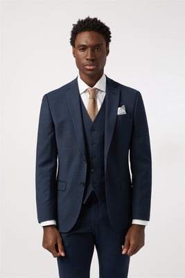 Single Breasted Long Sleeve Two Button Tailored Suit Jacket in Dark Blue