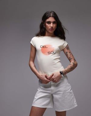 Topshop grafik del sol t-shirt med cap sleeve och skär halsringning i gult