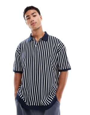 ASOS DESIGN oversized polo i svart och vit randig
