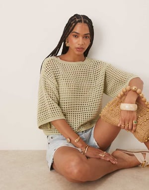ASOS DESIGN stickad avslappnad t-shirt med öppet stickat mönster i grön