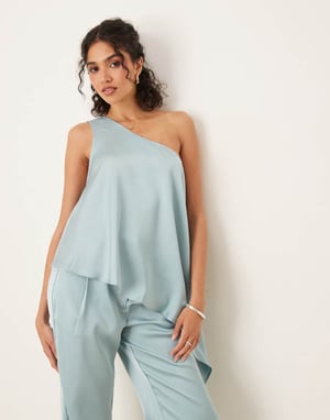 ASOS DESIGN skräddarsydd ena axeln draperad topp set i ljusblått
